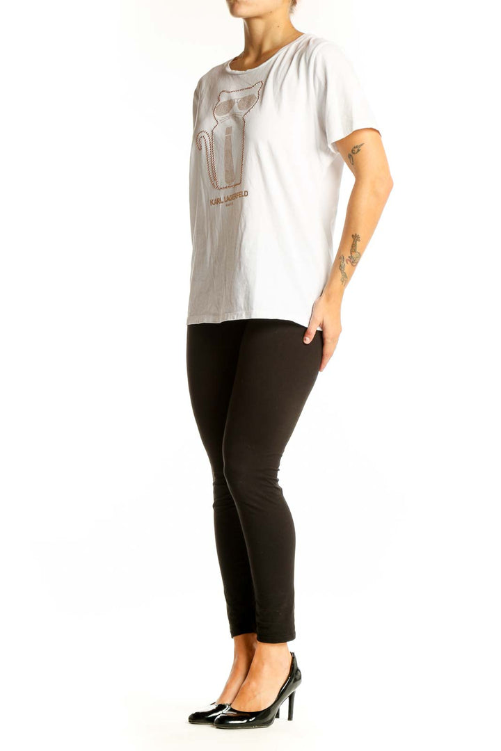 Front view of white Karl Lagerfeld Paris t-shirt with rose gold cat graphic