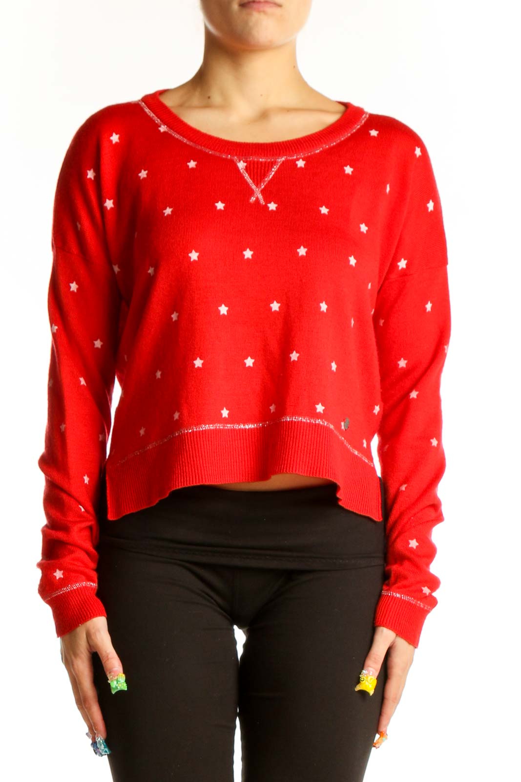 Front view of red Tommy Girl cropped sweater with white star pattern