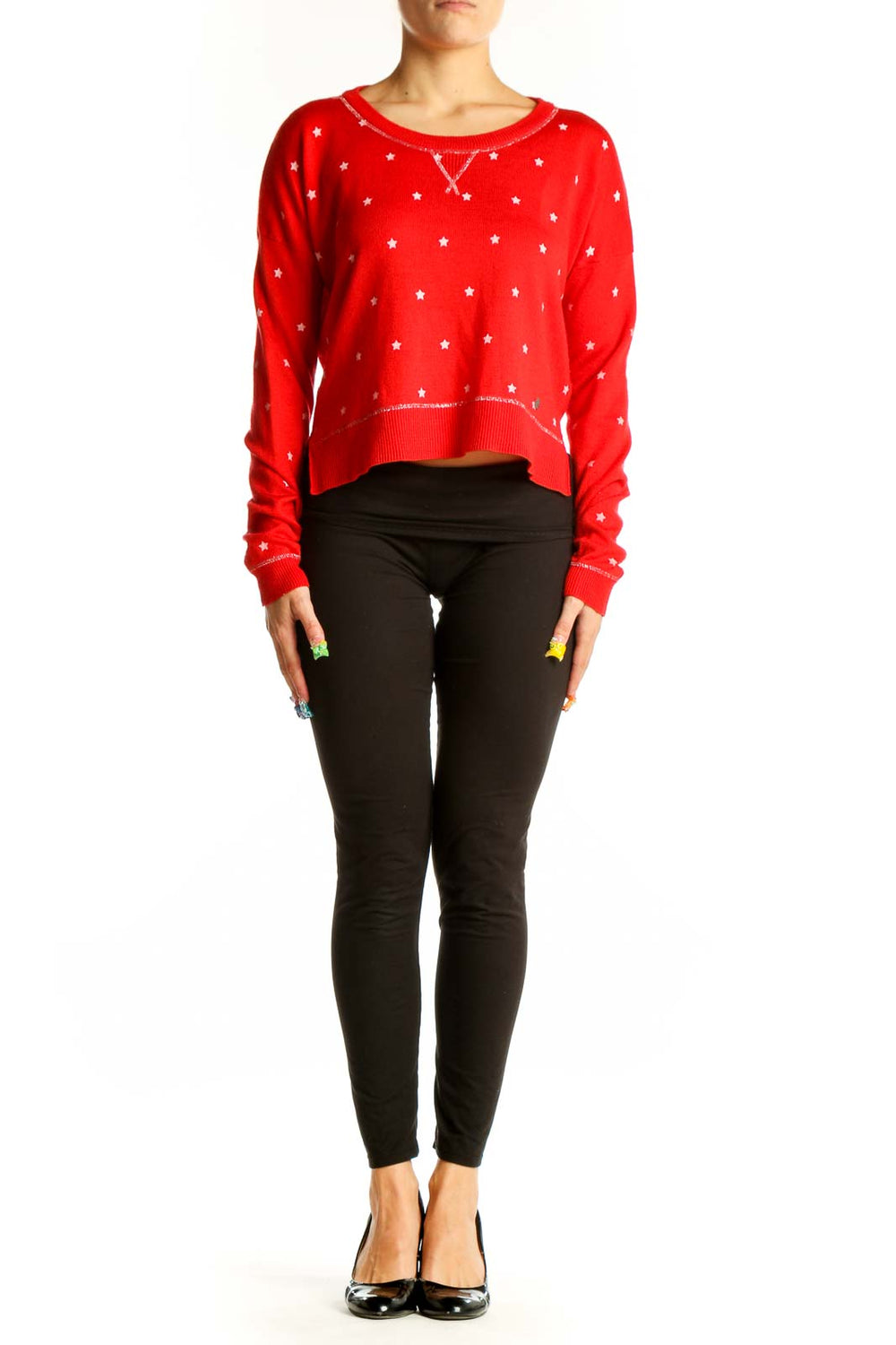 Front view of red Tommy Girl cropped sweater with white star pattern