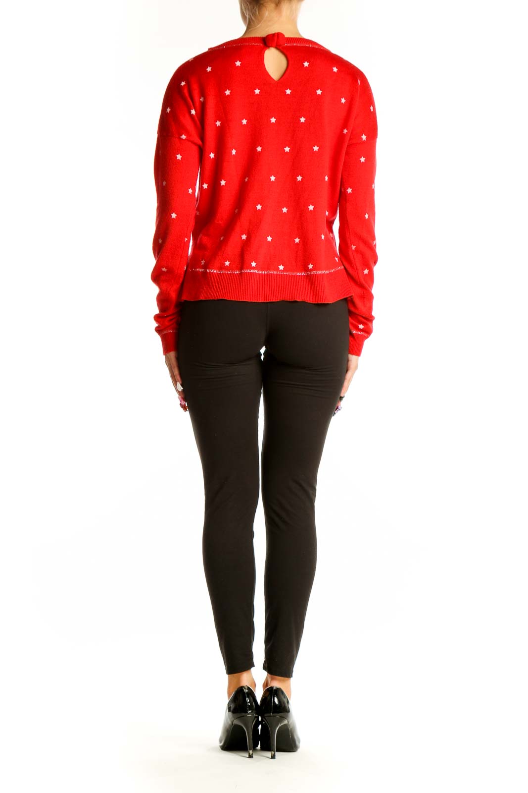 Back view of red Tommy Girl cropped sweater showing star pattern and fit