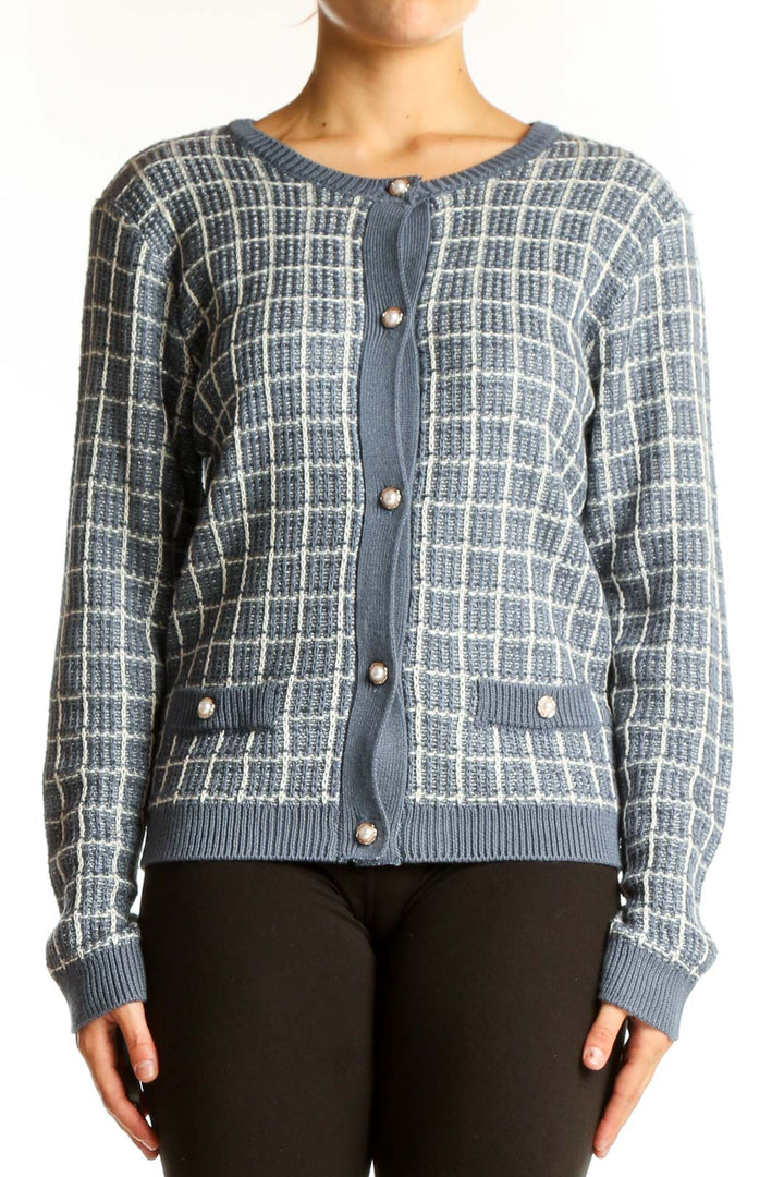Front view of JOSEPH A. blue plaid acrylic knit cardigan with button-down closure