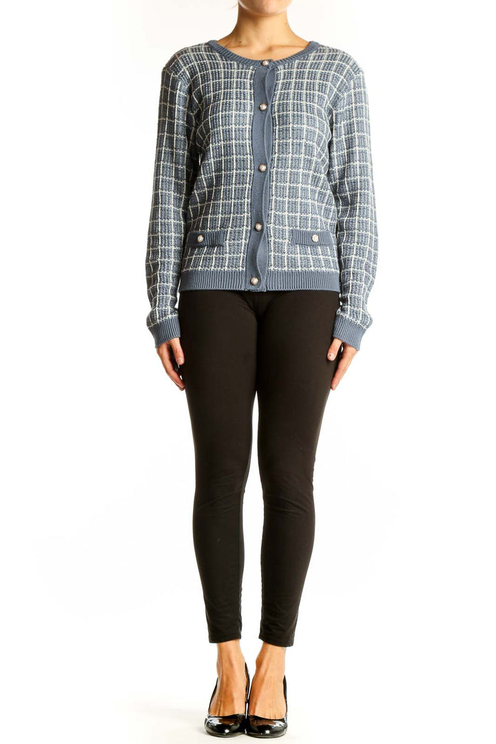 Front view of JOSEPH A. blue plaid acrylic knit cardigan with button-down closure