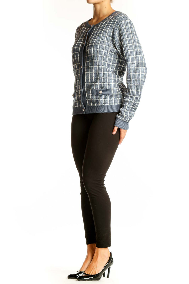 Front view of JOSEPH A. blue plaid acrylic knit cardigan with button-down closure