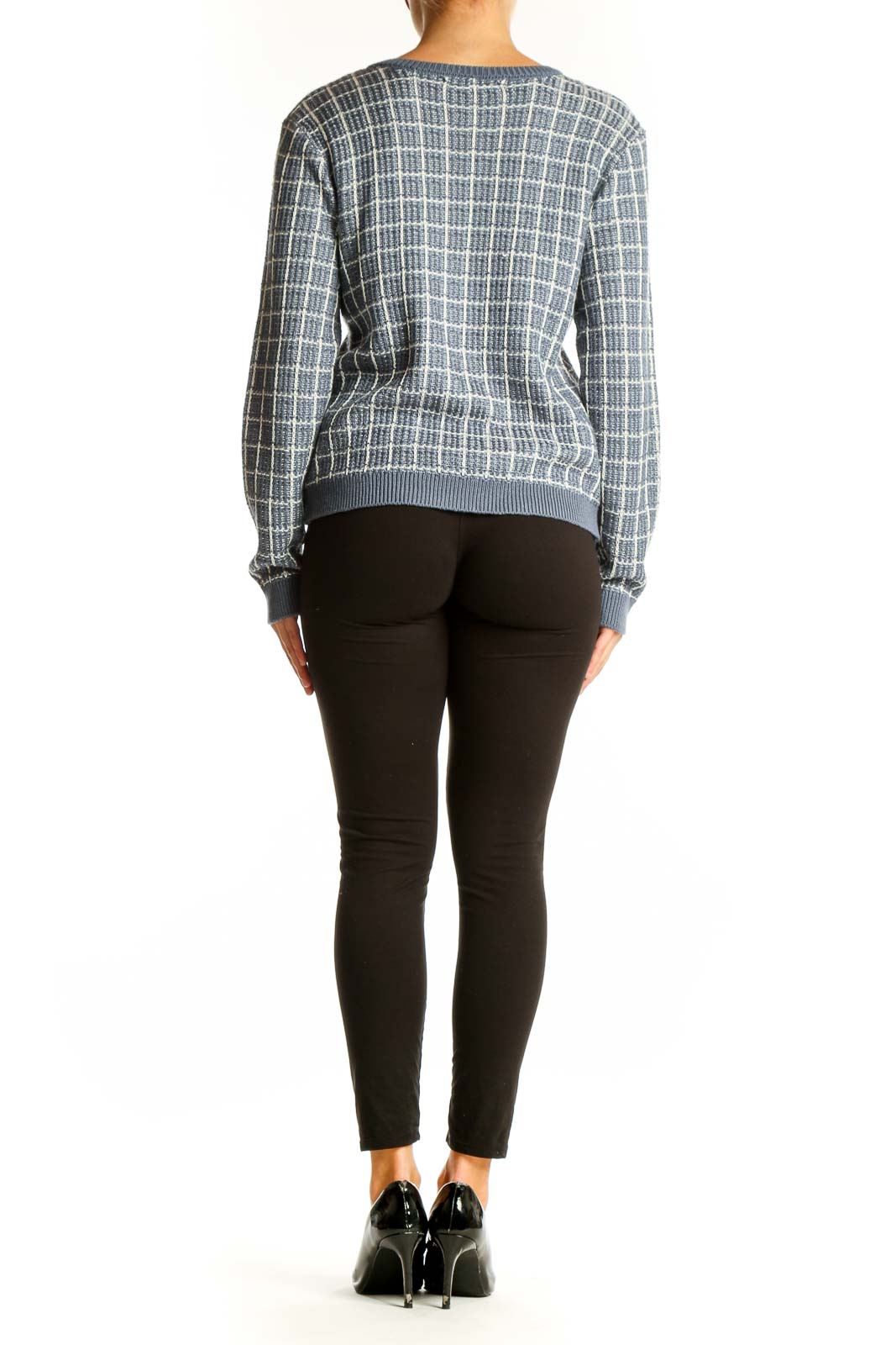 Side view of model wearing JOSEPH A. blue plaid acrylic knit cardigan