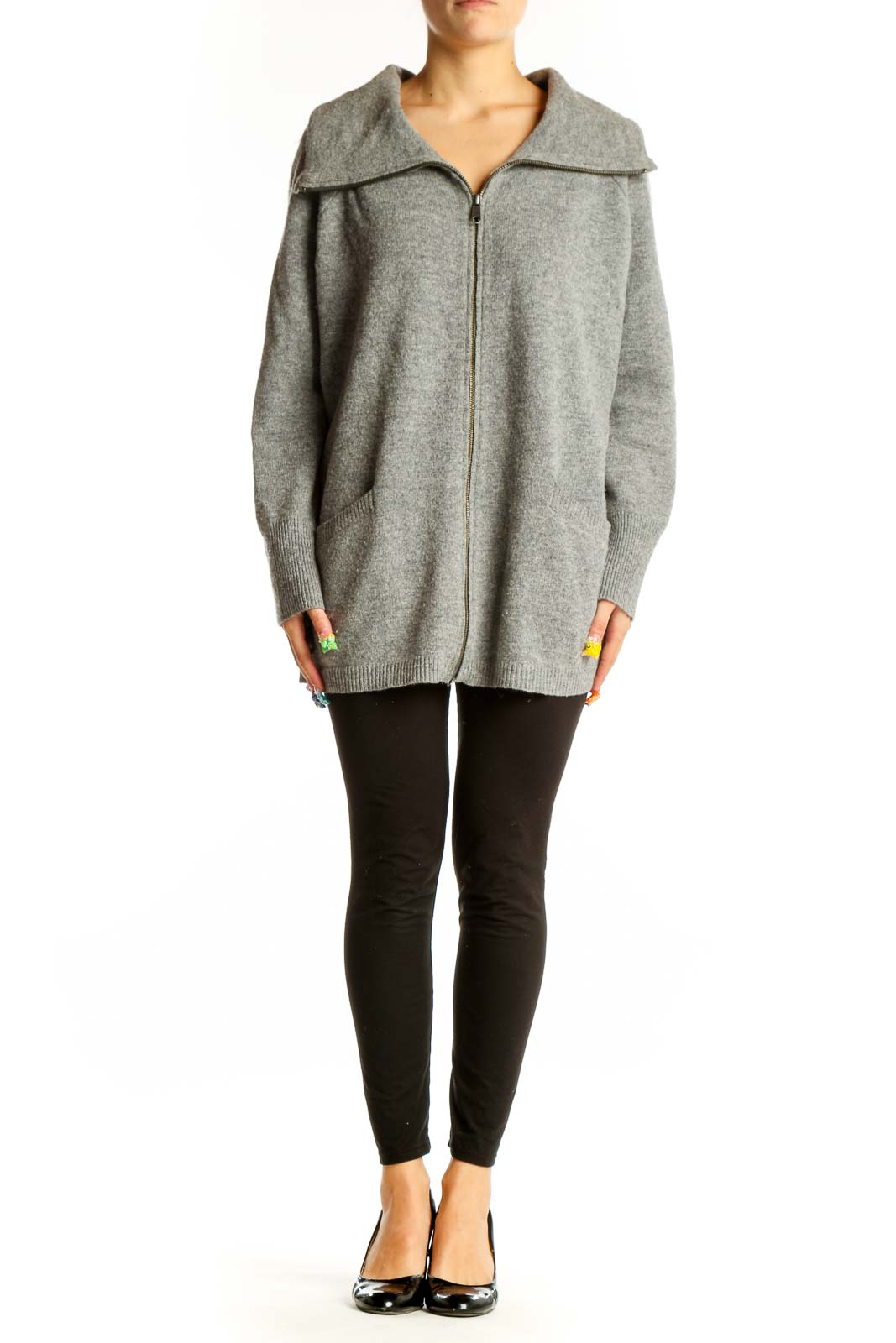 Front view of gray oversized zip-up knit cardigan by Ellen Tracy