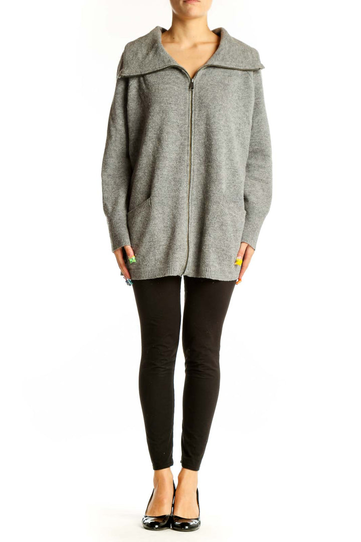 Front view of gray oversized zip-up knit cardigan by Ellen Tracy