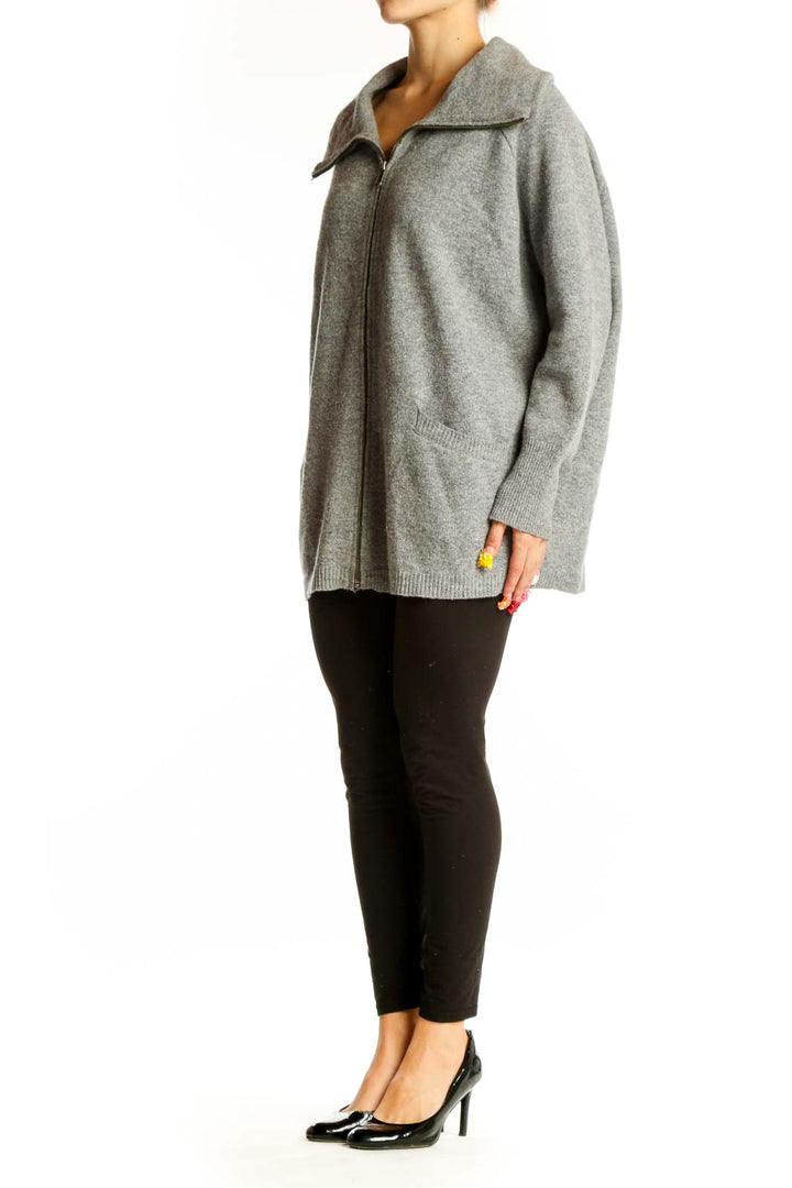 Front view of gray oversized zip-up knit cardigan by Ellen Tracy