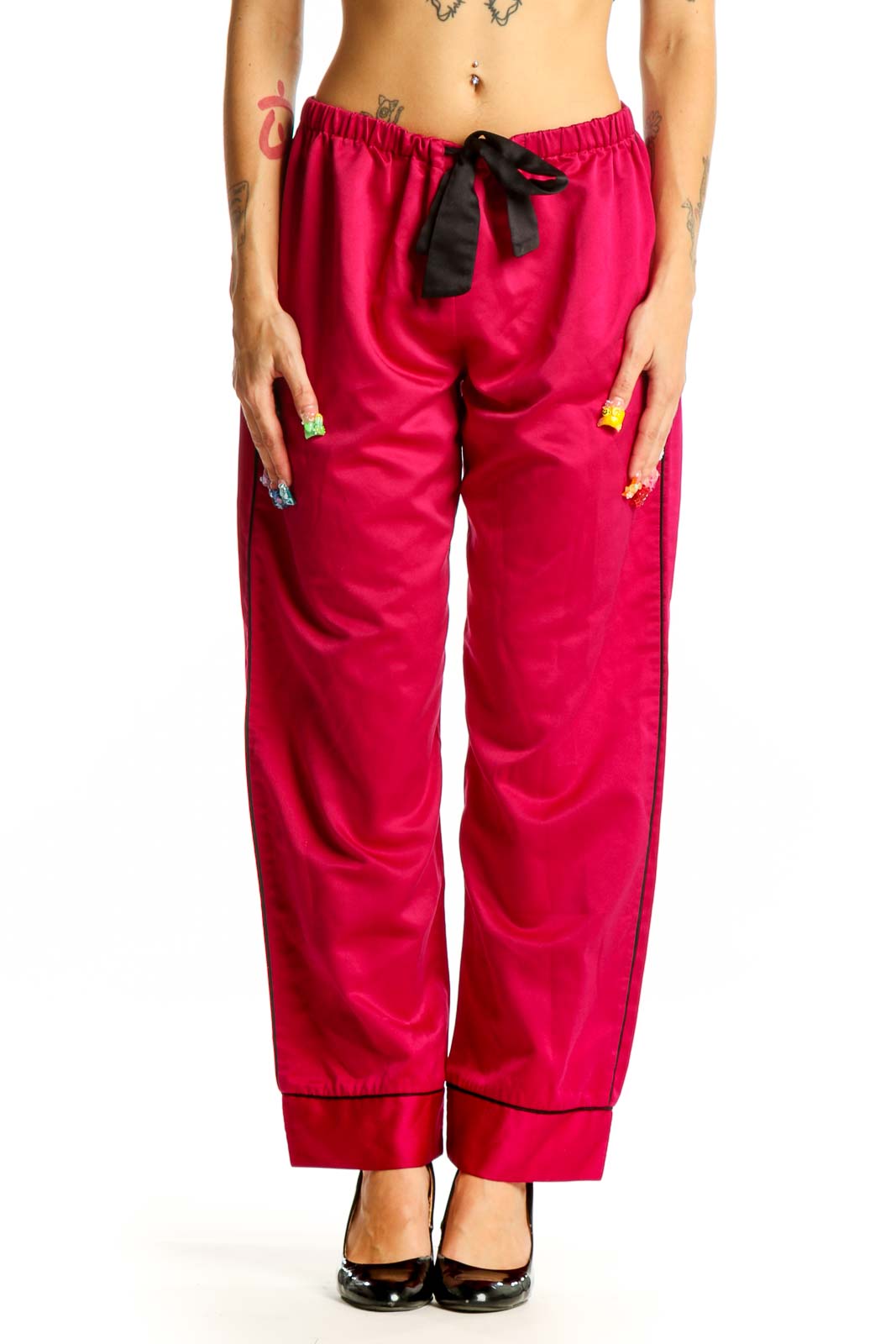 Front view of red Oscar de la Renta PINK LABEL lounge pants with black drawstring