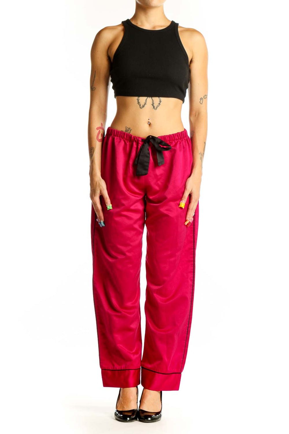 Front view of red Oscar de la Renta PINK LABEL lounge pants with black drawstring