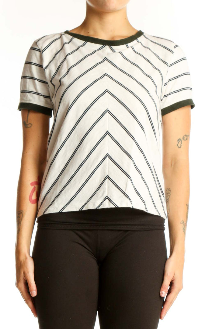 Front view of J.Crew white cotton top with green chevron stripes