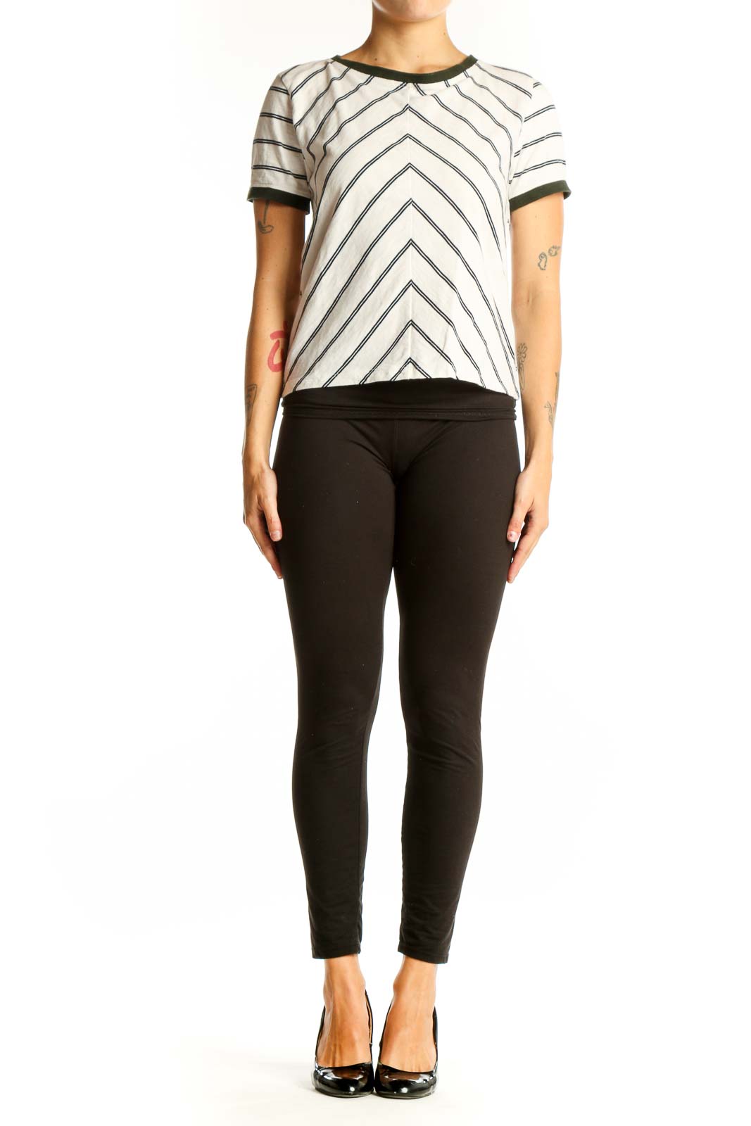 Front view of J.Crew white cotton top with green chevron stripes