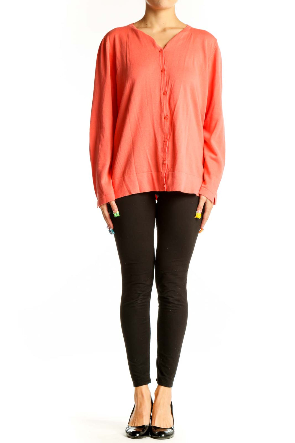 Front view of coral button-up cotton cardigan from El Corte Ingles