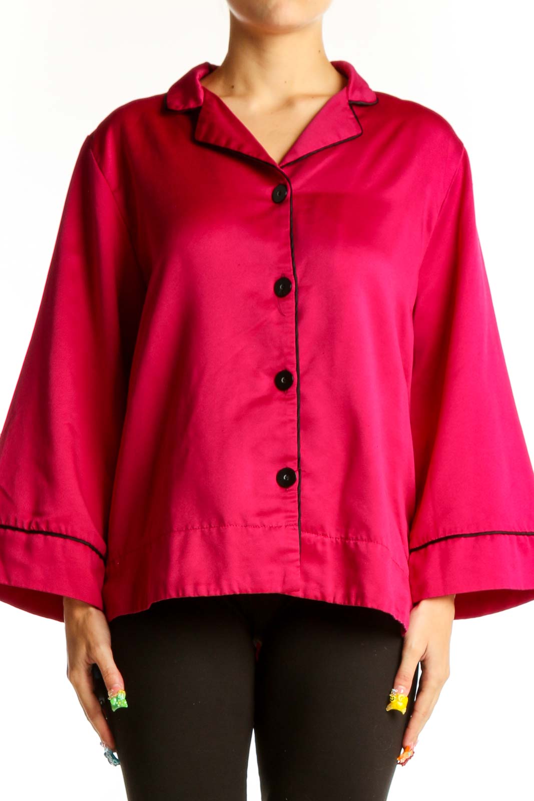 Front view of hot pink Oscar de la Renta PINK LABEL button-down blouse