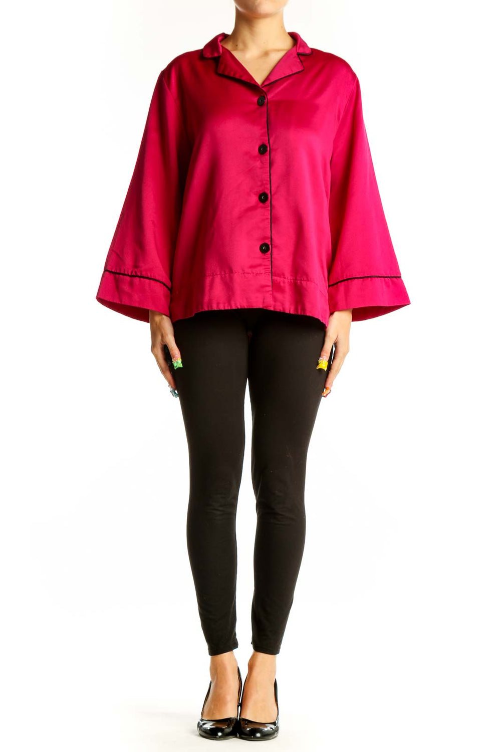Front view of hot pink Oscar de la Renta PINK LABEL button-down blouse