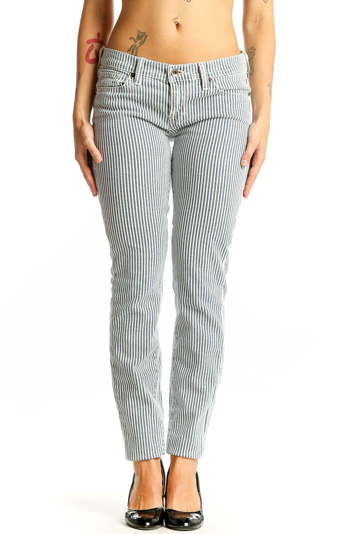 Front view of Lucky Brand blue and white striped slim fit cotton pants