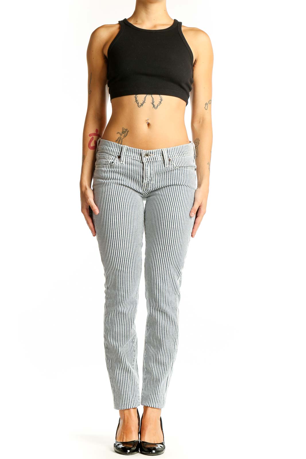 Front view of Lucky Brand blue and white striped slim fit cotton pants
