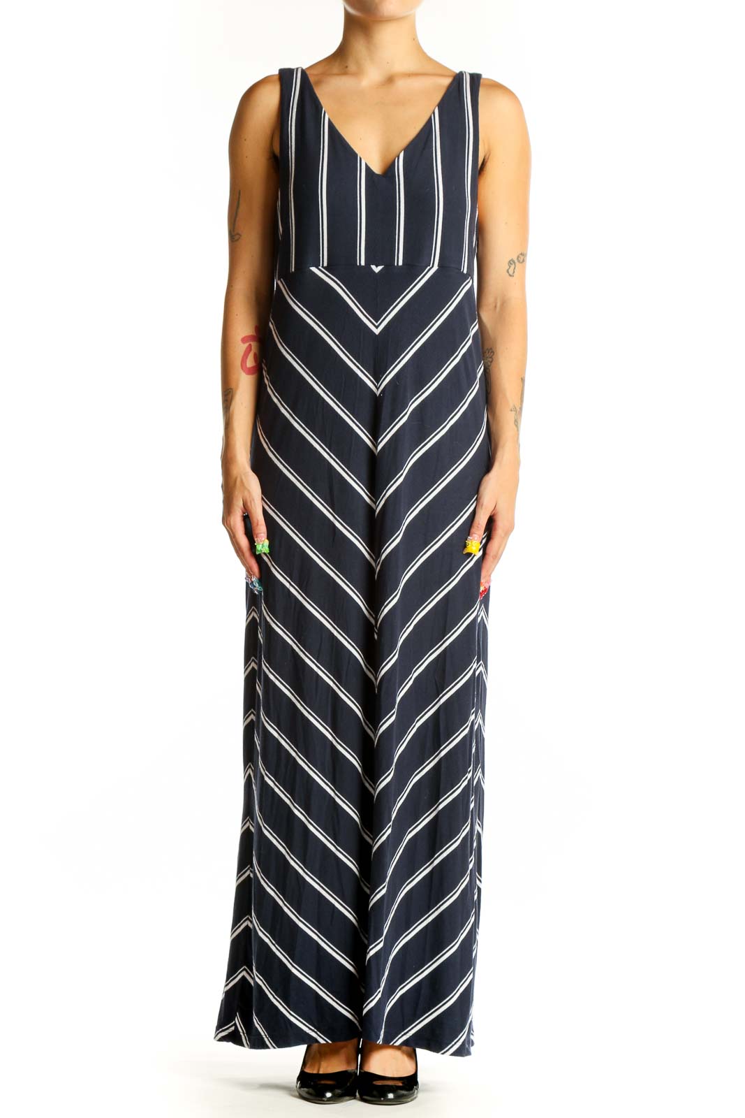 Front view of Athleta navy striped maxi dress with V-neck and chevron pattern