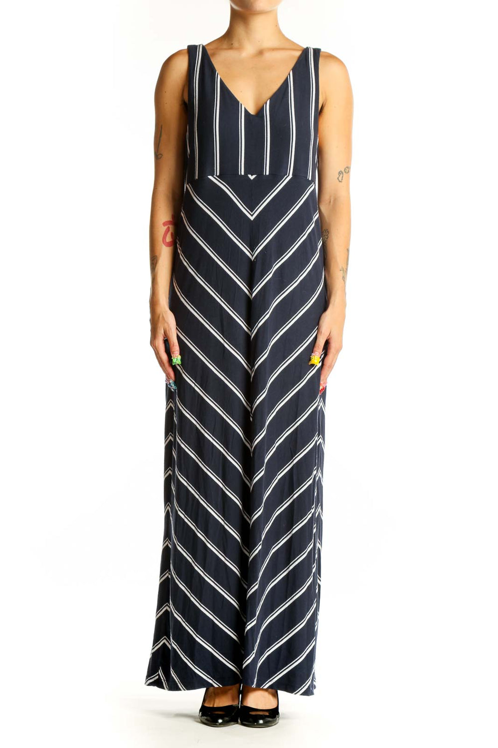 Front view of Athleta navy striped maxi dress with V-neck and chevron pattern