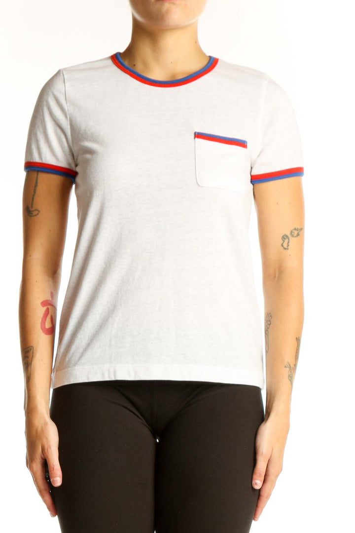 Front view of J.Crew white cotton ringer t-shirt with red and blue trim and chest pocket