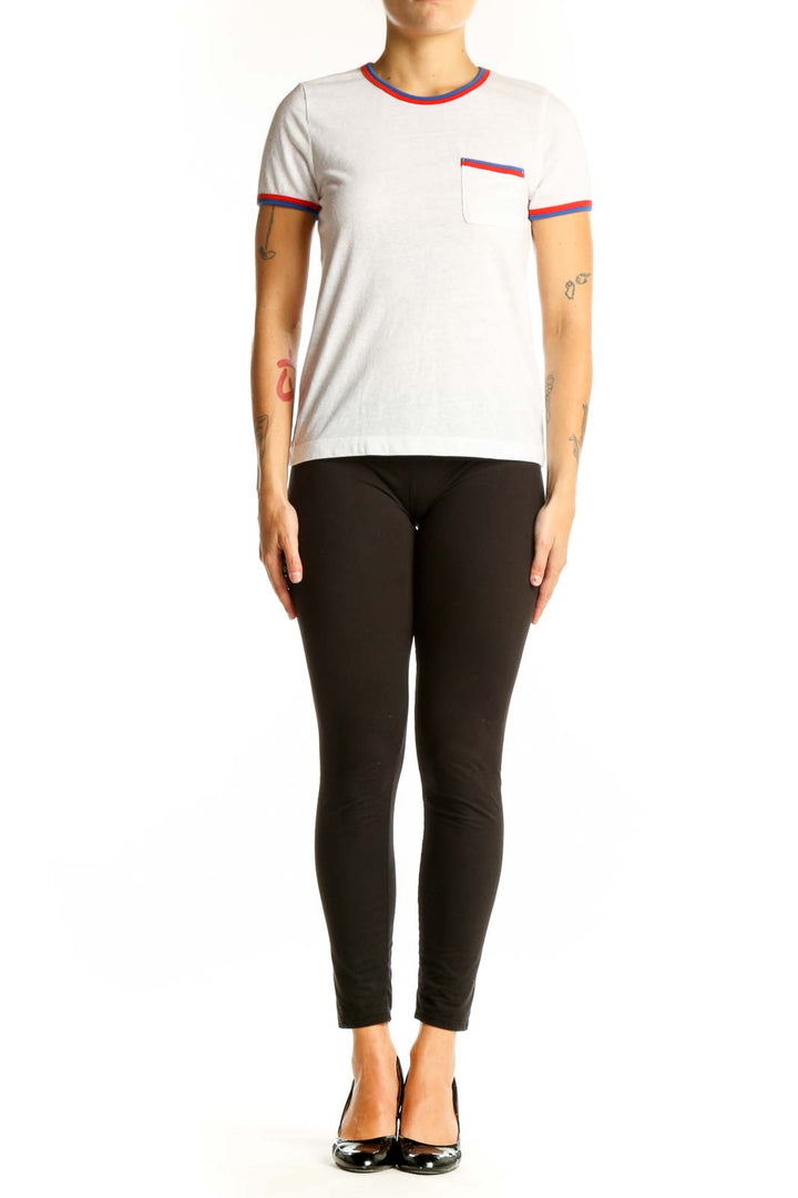 Front view of J.Crew white cotton ringer t-shirt with red and blue trim and chest pocket