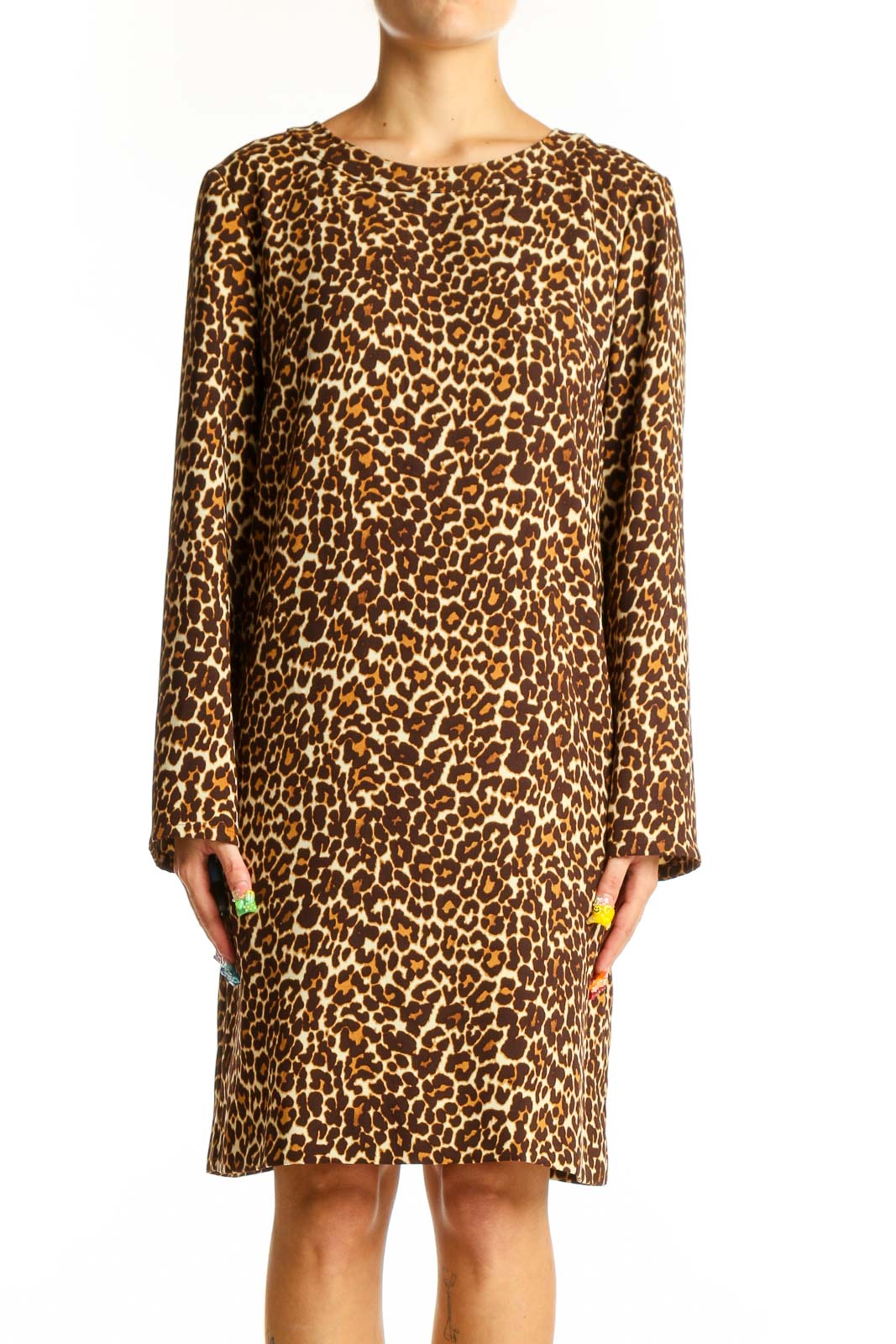 Front view of J.Crew leopard print shift dress with long sleeves