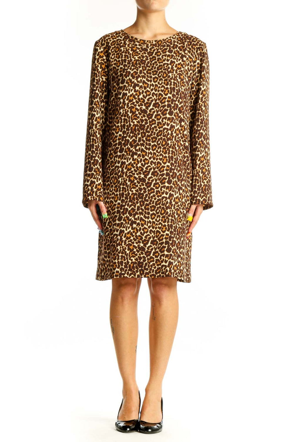 Front view of J.Crew leopard print shift dress with long sleeves