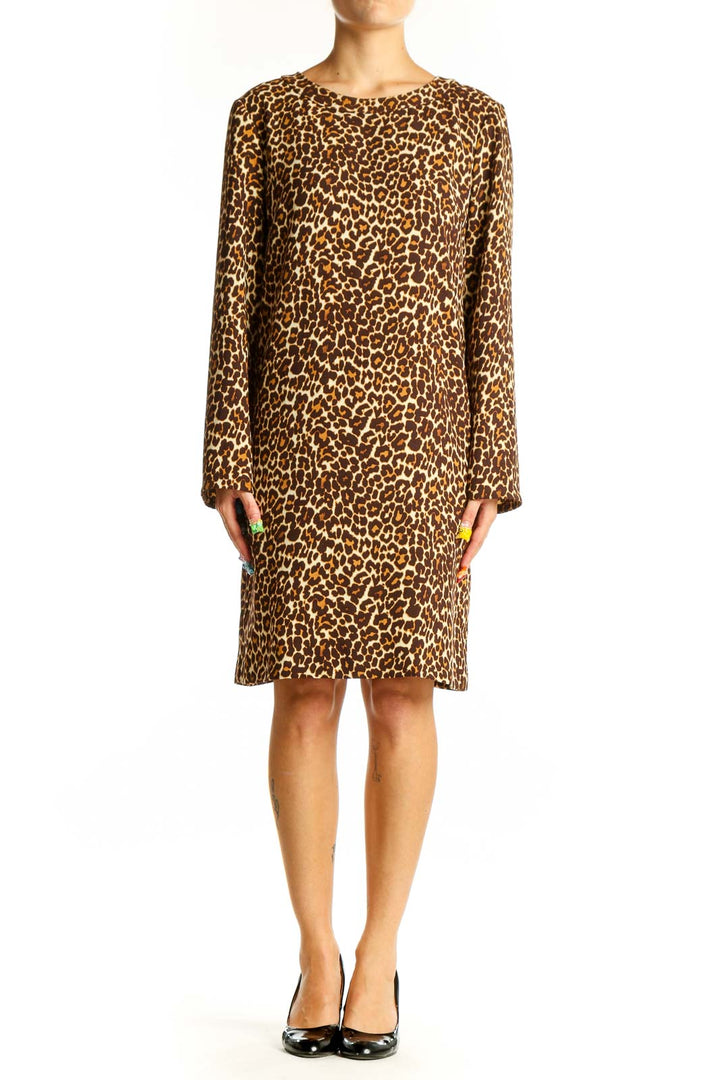 Front view of J.Crew leopard print shift dress with long sleeves