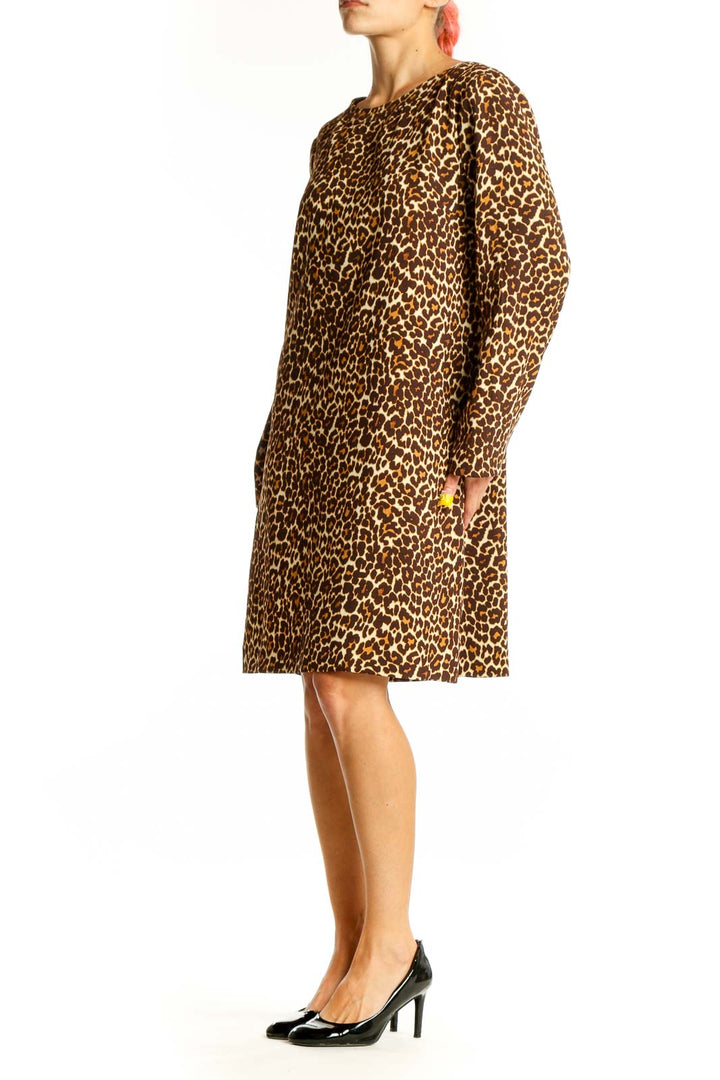 Front view of J.Crew leopard print shift dress with long sleeves