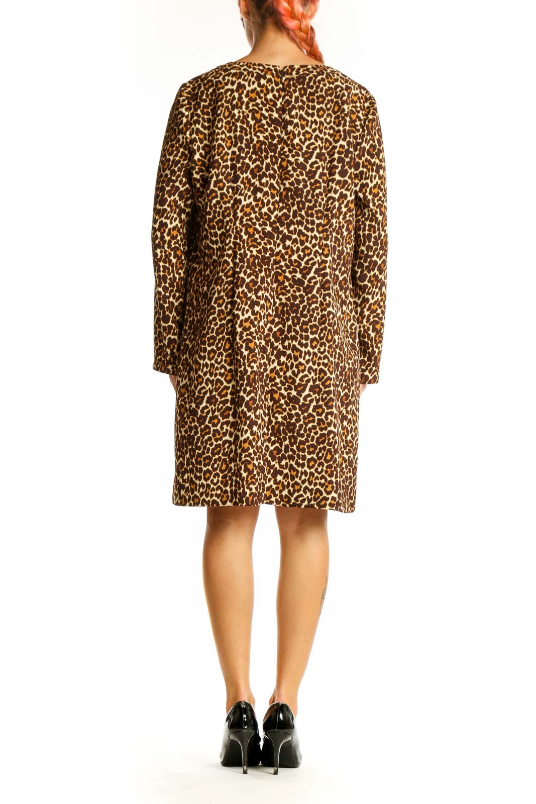 Side view of J.Crew leopard print shift dress showing knee-length cut