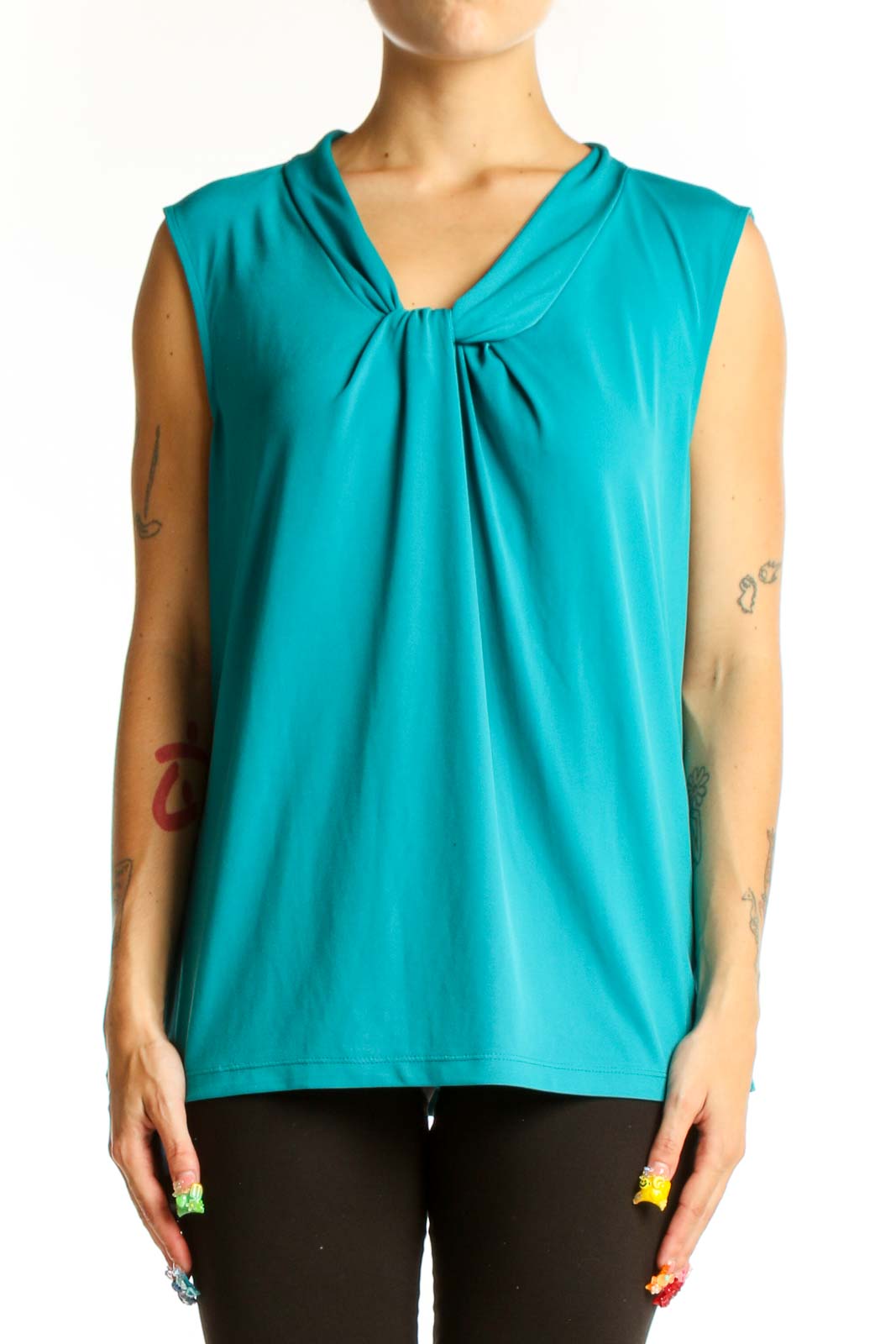 Front view of teal Calvin Klein sleeveless top with twist front detail