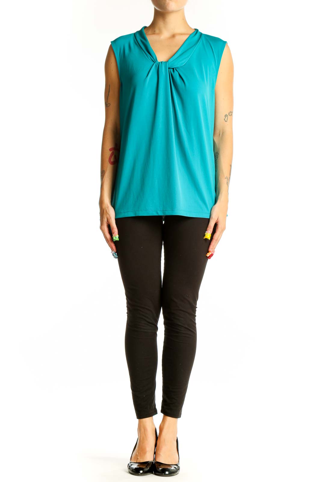 Front view of teal Calvin Klein sleeveless top with twist front detail
