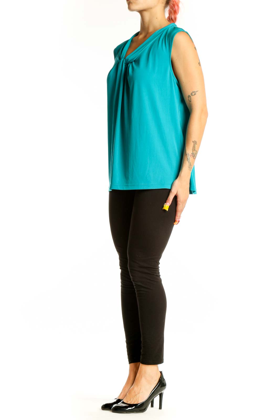 Front view of teal Calvin Klein sleeveless top with twist front detail