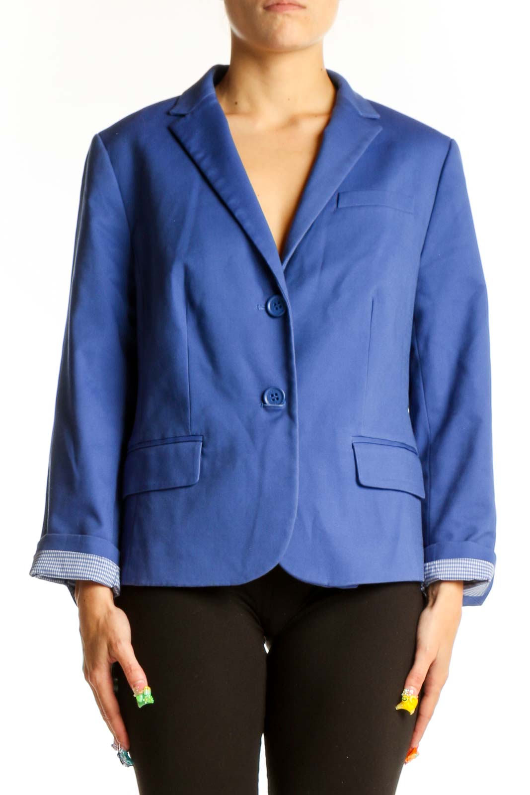 Front view of blue Talbots blazer with notched lapel and button closure