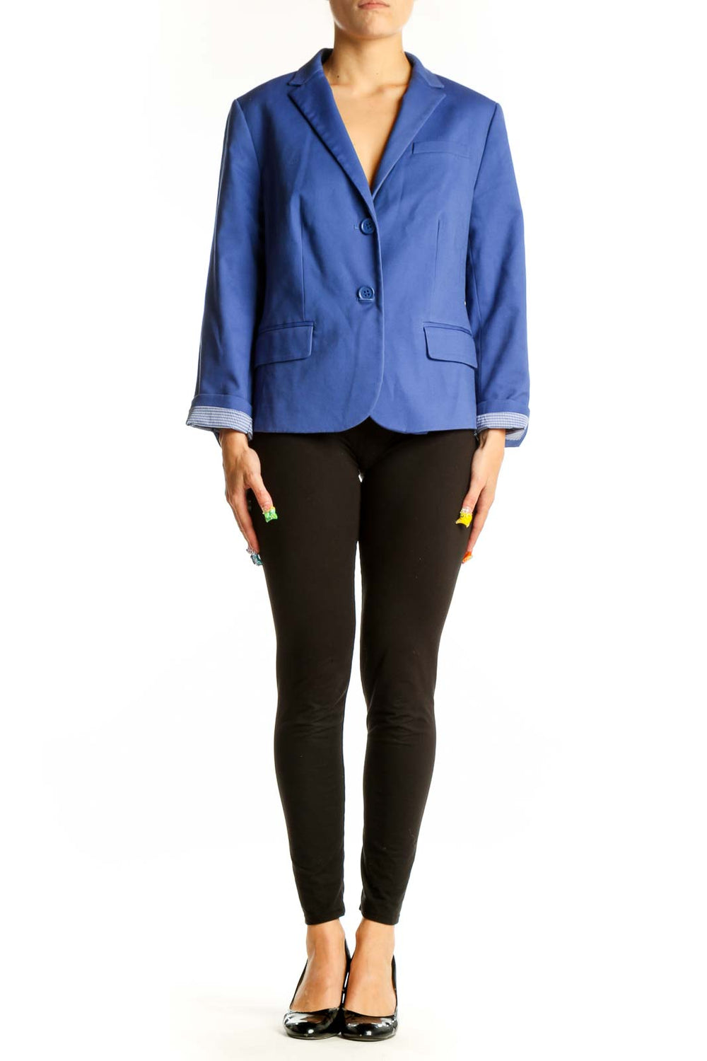 Front view of blue Talbots blazer with notched lapel and button closure