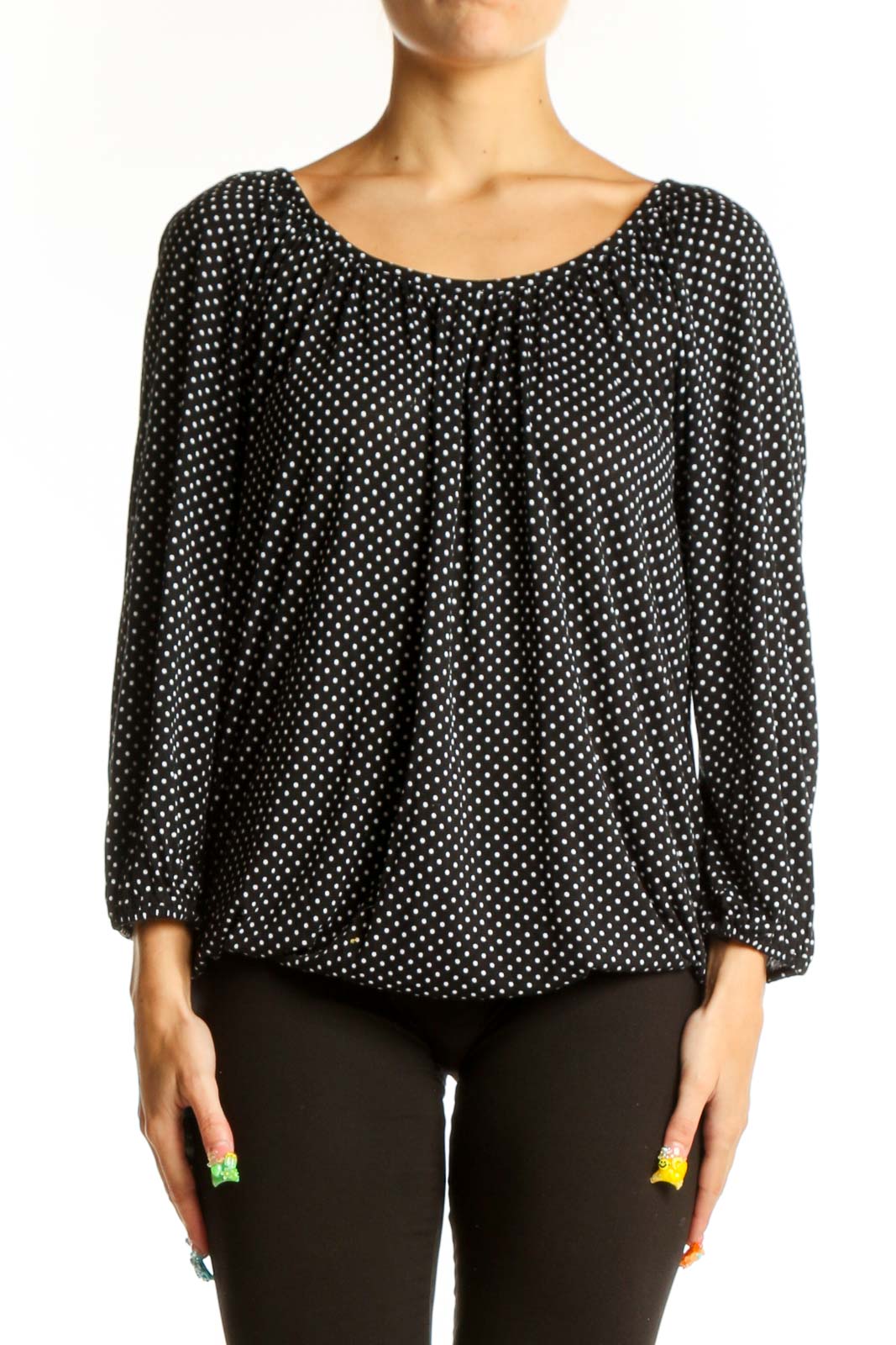 Front view of MICHAEL Michael Kors Black Polka Dot Peasant Blouse
