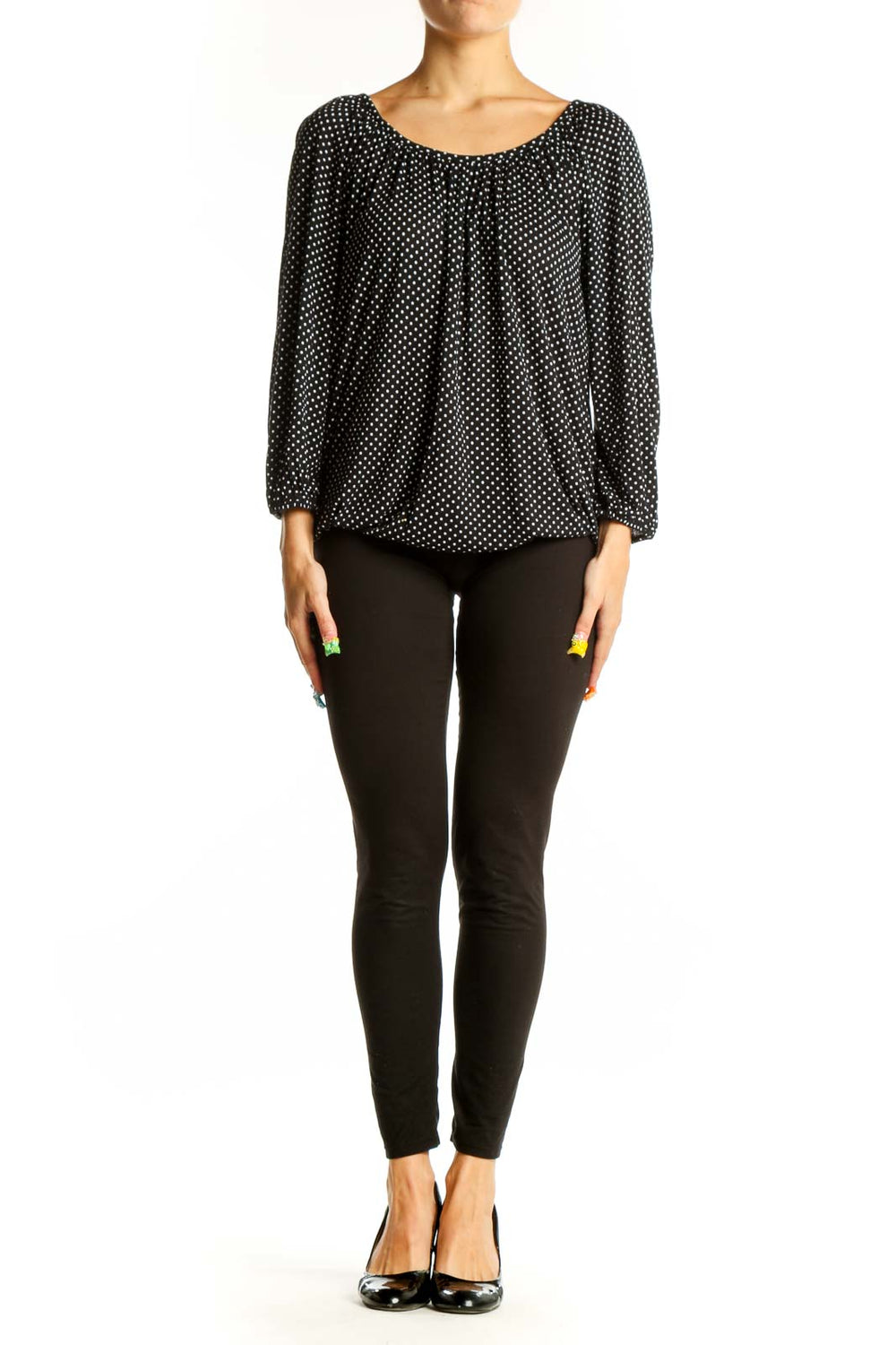 Front view of MICHAEL Michael Kors Black Polka Dot Peasant Blouse
