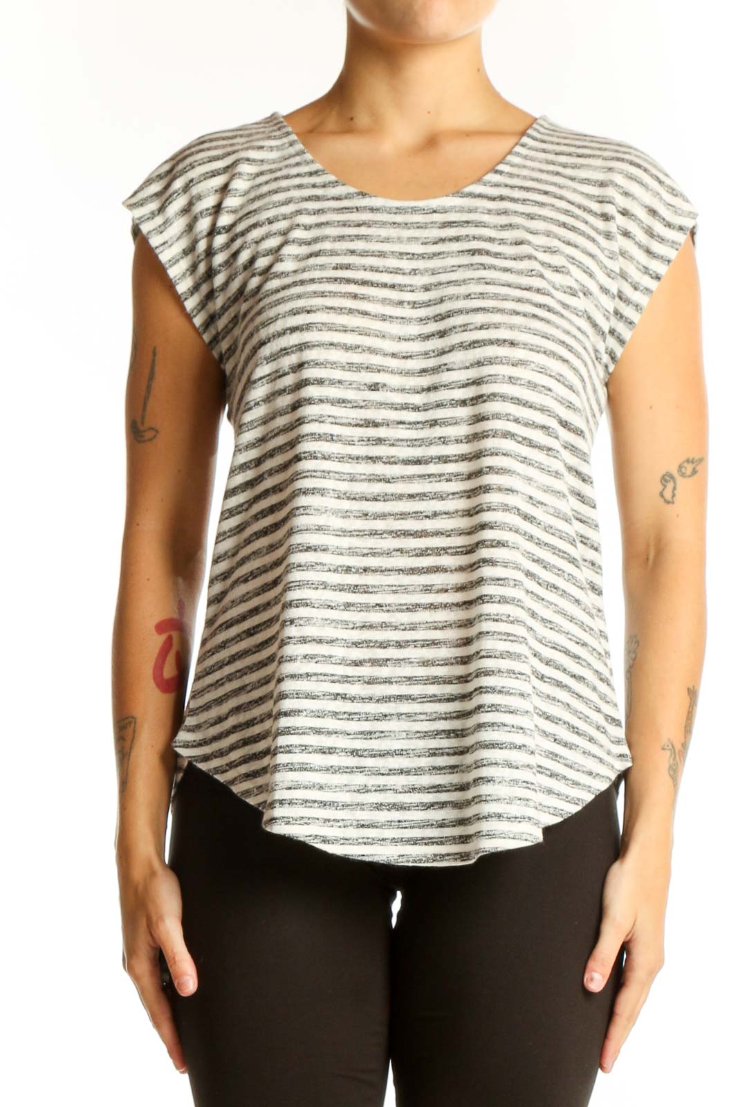Front view of Bobeau Gray Striped Cap Sleeve Top on model