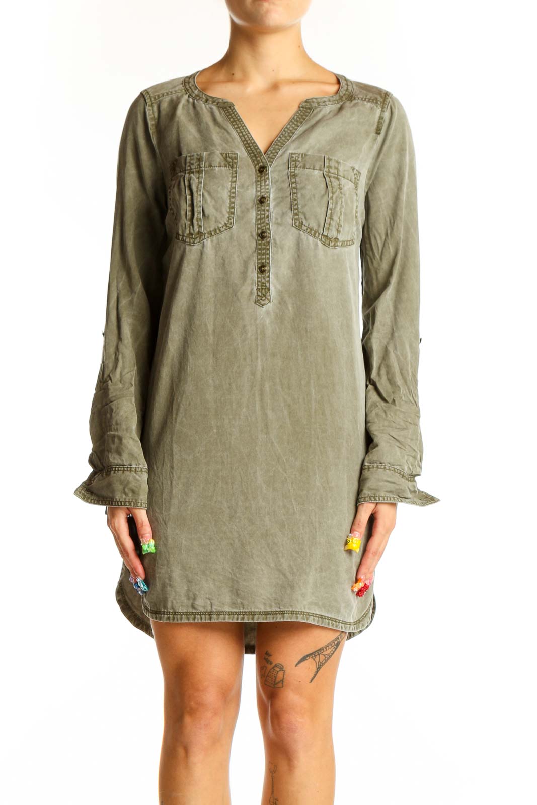 Front view of olive green Express tunic dress with split neckline and front pockets
