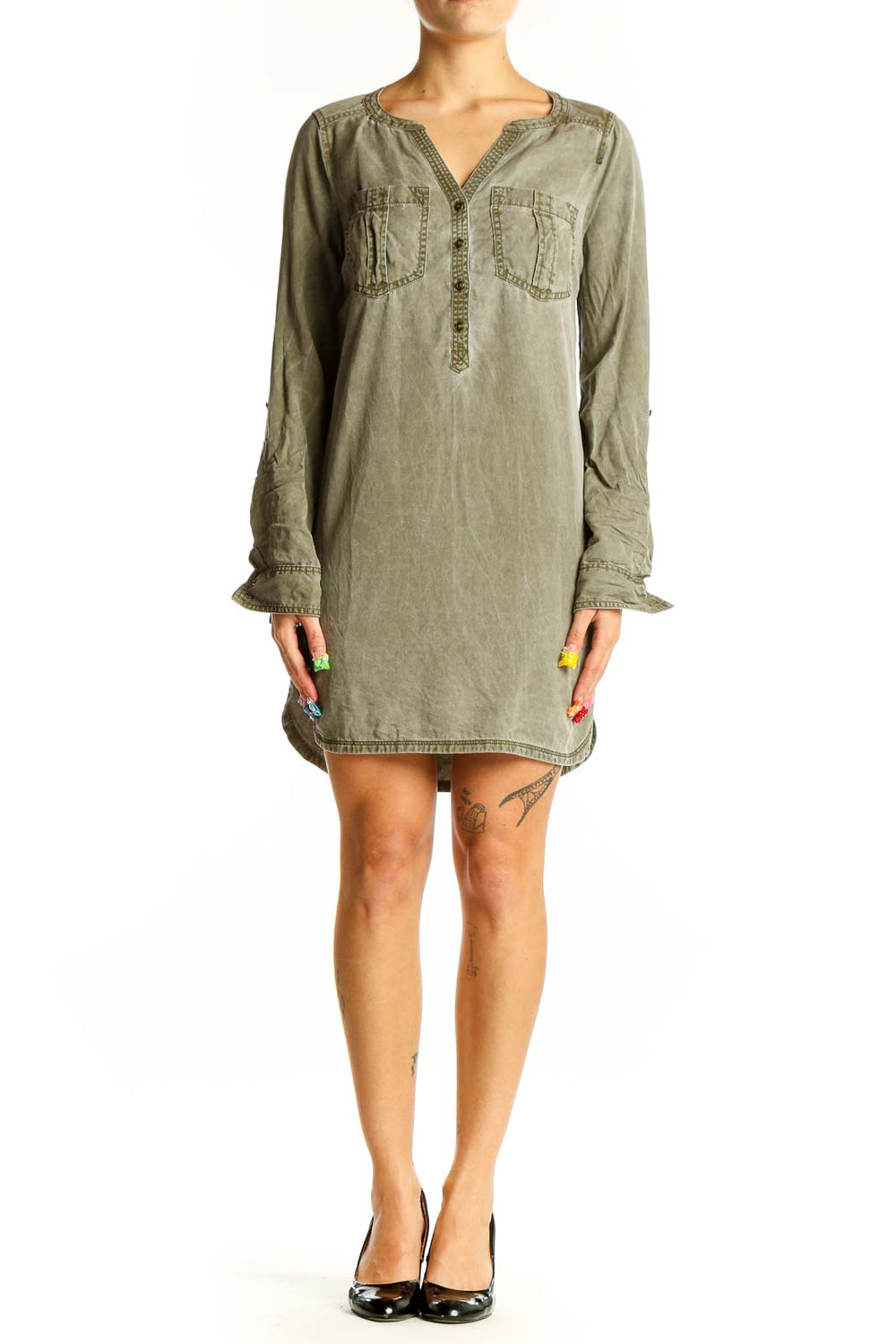 Front view of olive green Express tunic dress with split neckline and front pockets