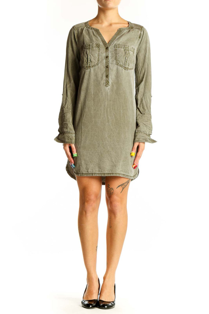 Front view of olive green Express tunic dress with split neckline and front pockets