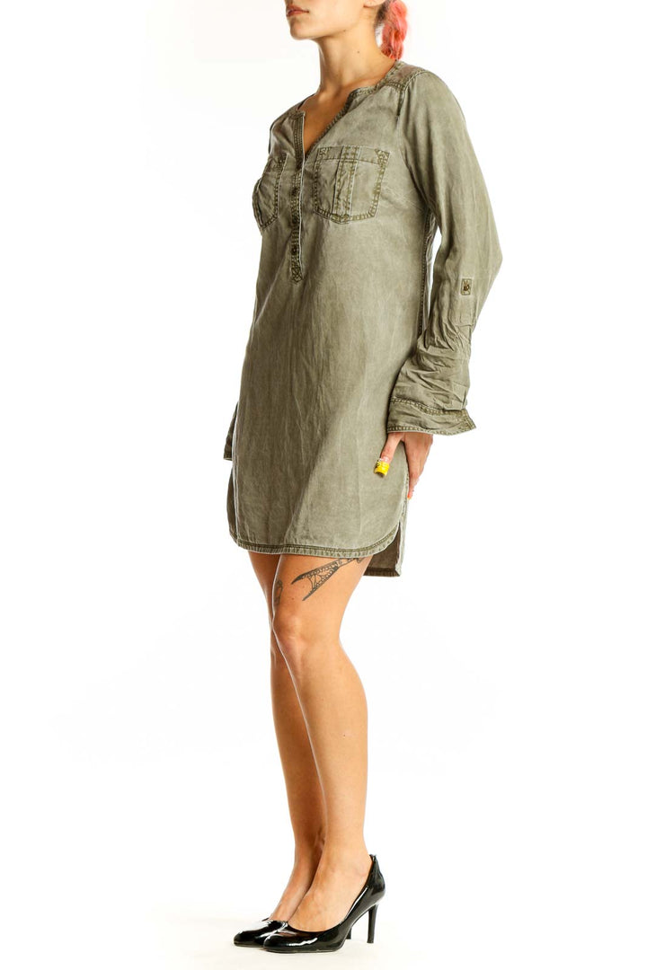 Front view of olive green Express tunic dress with split neckline and front pockets
