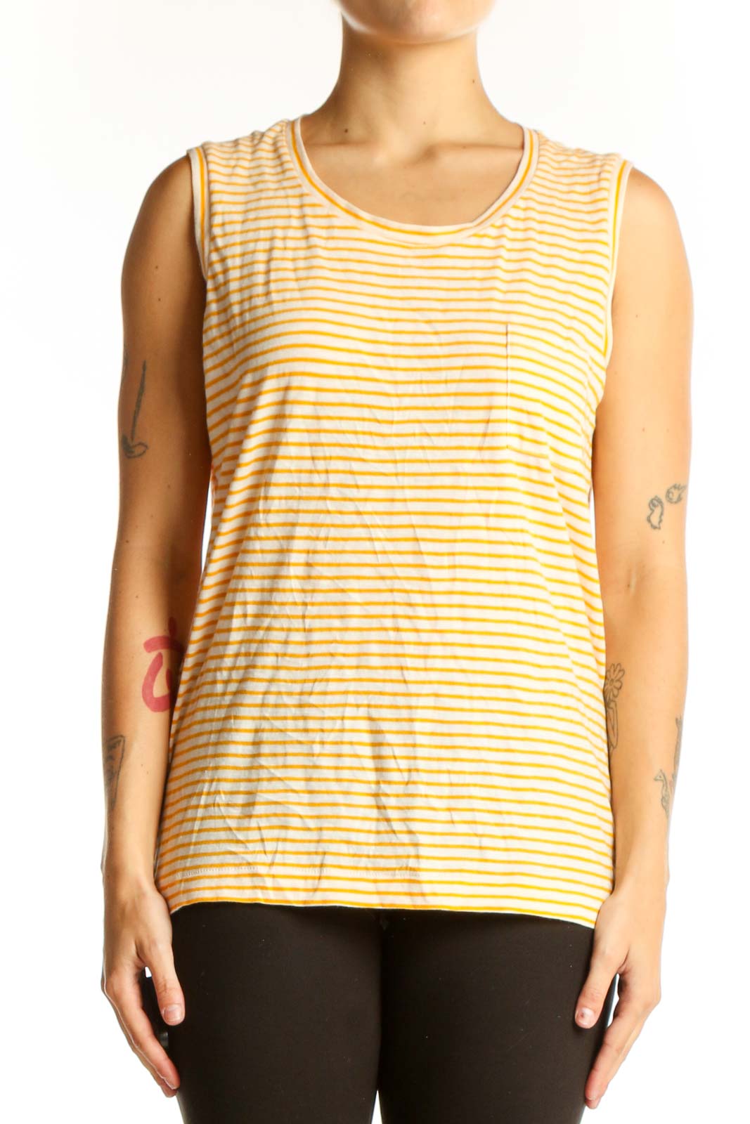 Front view of Madewell yellow and white striped sleeveless cotton top with chest pocket