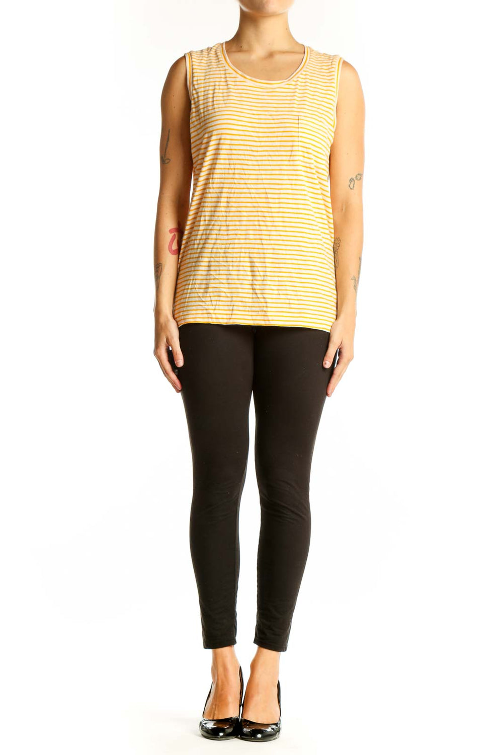 Front view of Madewell yellow and white striped sleeveless cotton top with chest pocket