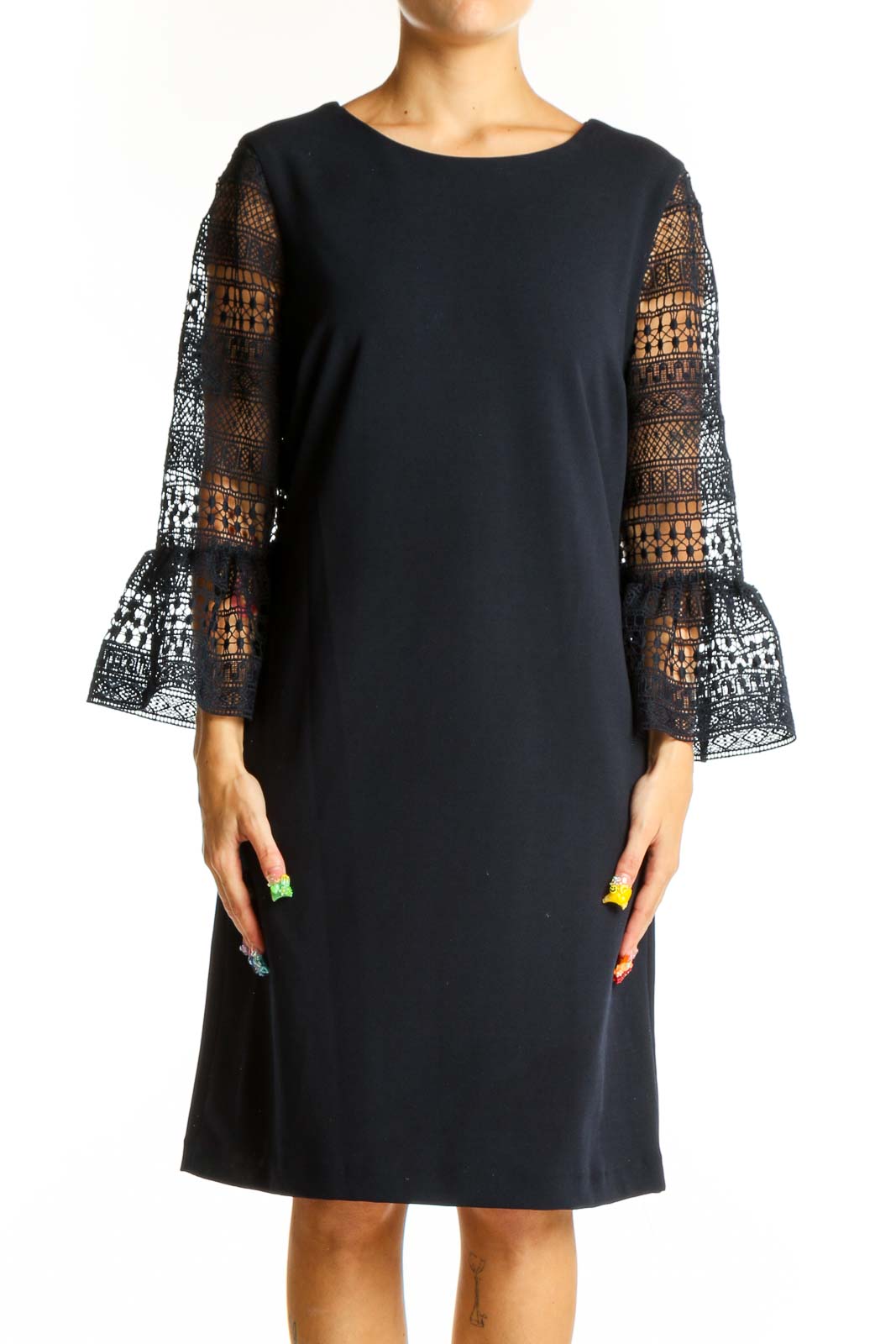 Front view of Donna Ricco black cocktail dress with lace bell sleeves