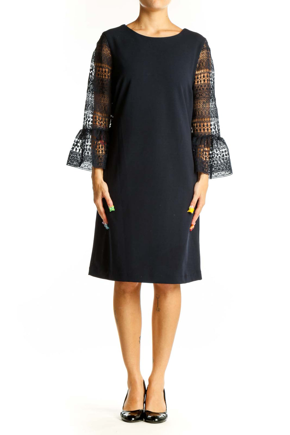 Front view of Donna Ricco black cocktail dress with lace bell sleeves