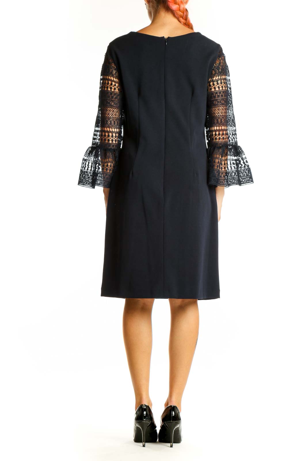 Side view of Donna Ricco black cocktail dress showing lace sleeve detail