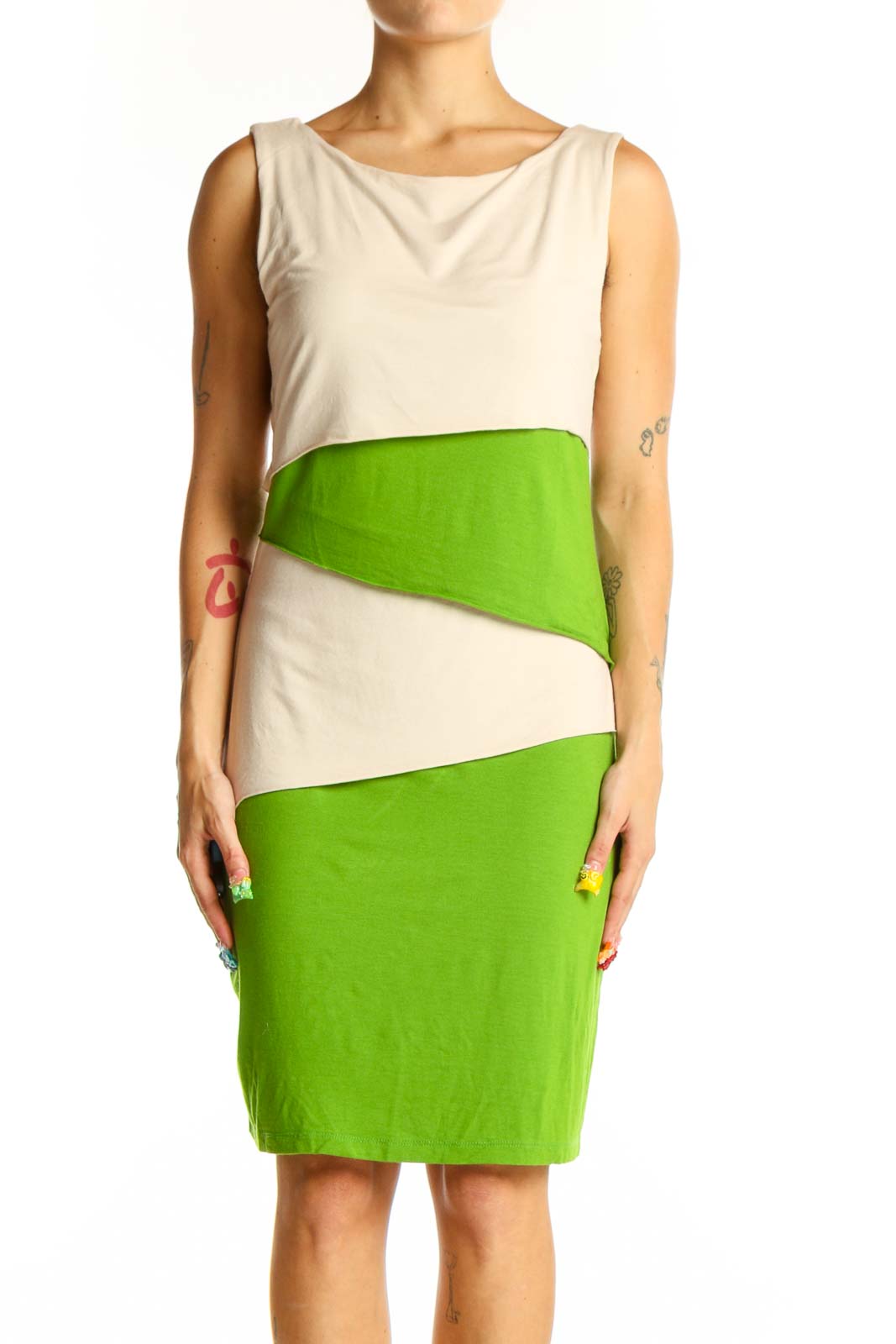 Front view of Cynthia Rowley green and beige color block sleeveless dress