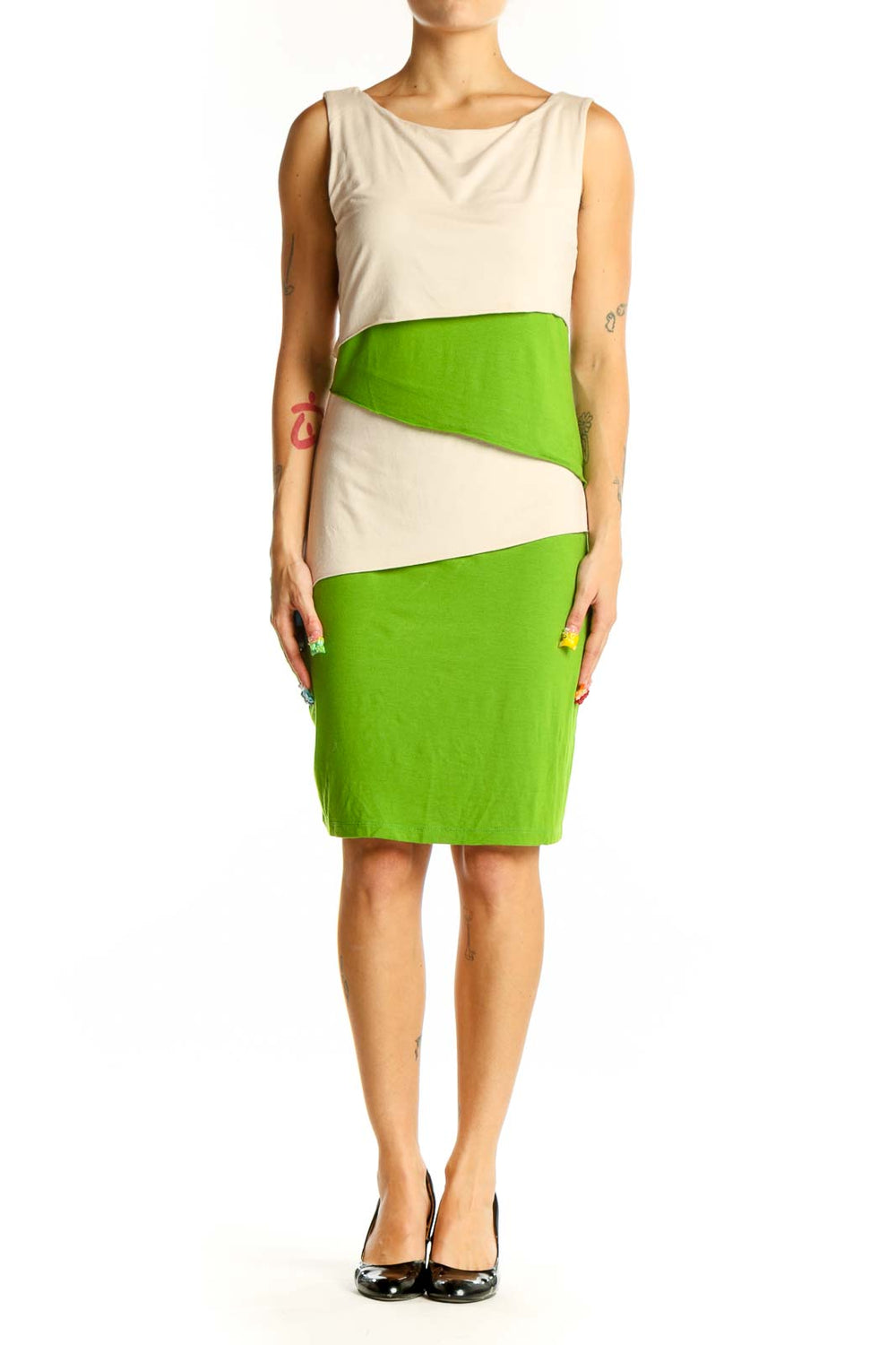 Front view of Cynthia Rowley green and beige color block sleeveless dress