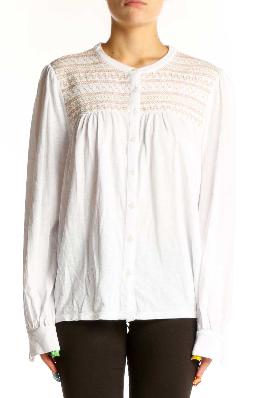 Front view of white Boden cotton top with embroidered yoke
