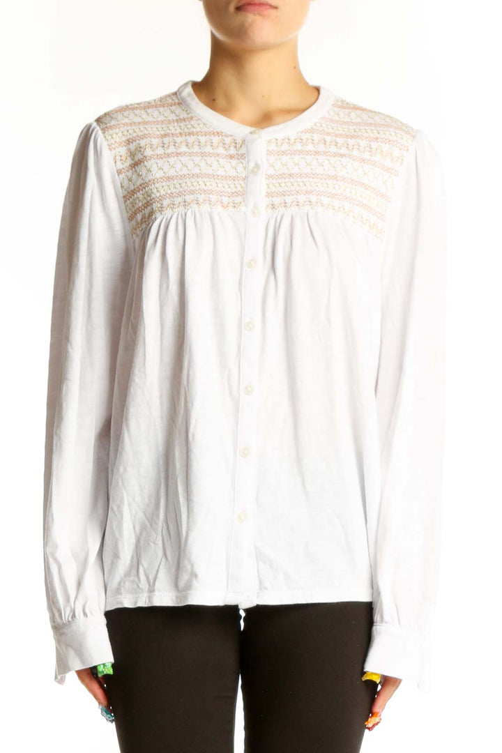 Front view of white Boden cotton top with embroidered yoke